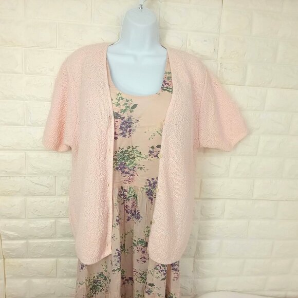 Vintage 90s 2-pc Set Floral Tank Dress & Cardigan Sweater Knit Blush Pink M/L - Picture 2 of 16